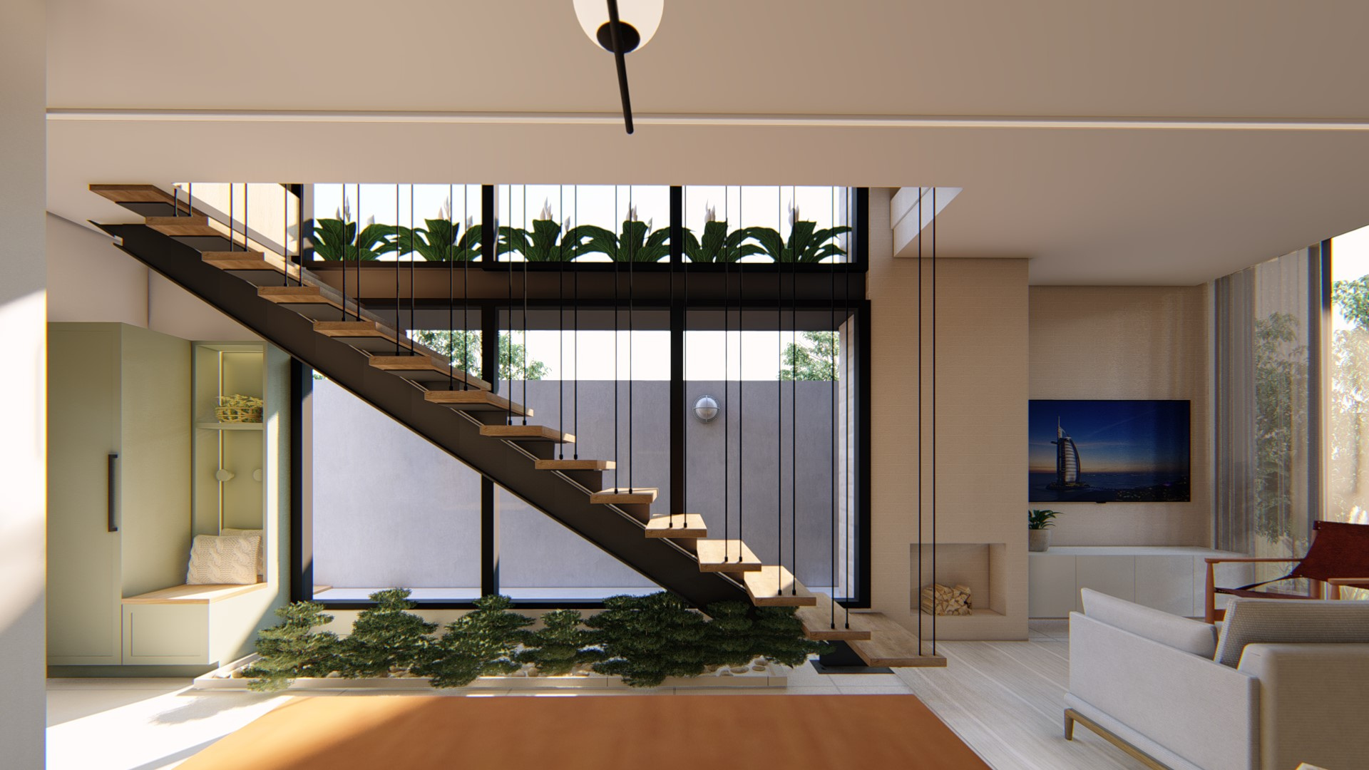 Living integrado com escada suspensa e jardim interno projetado por Ana Beatriz Machado