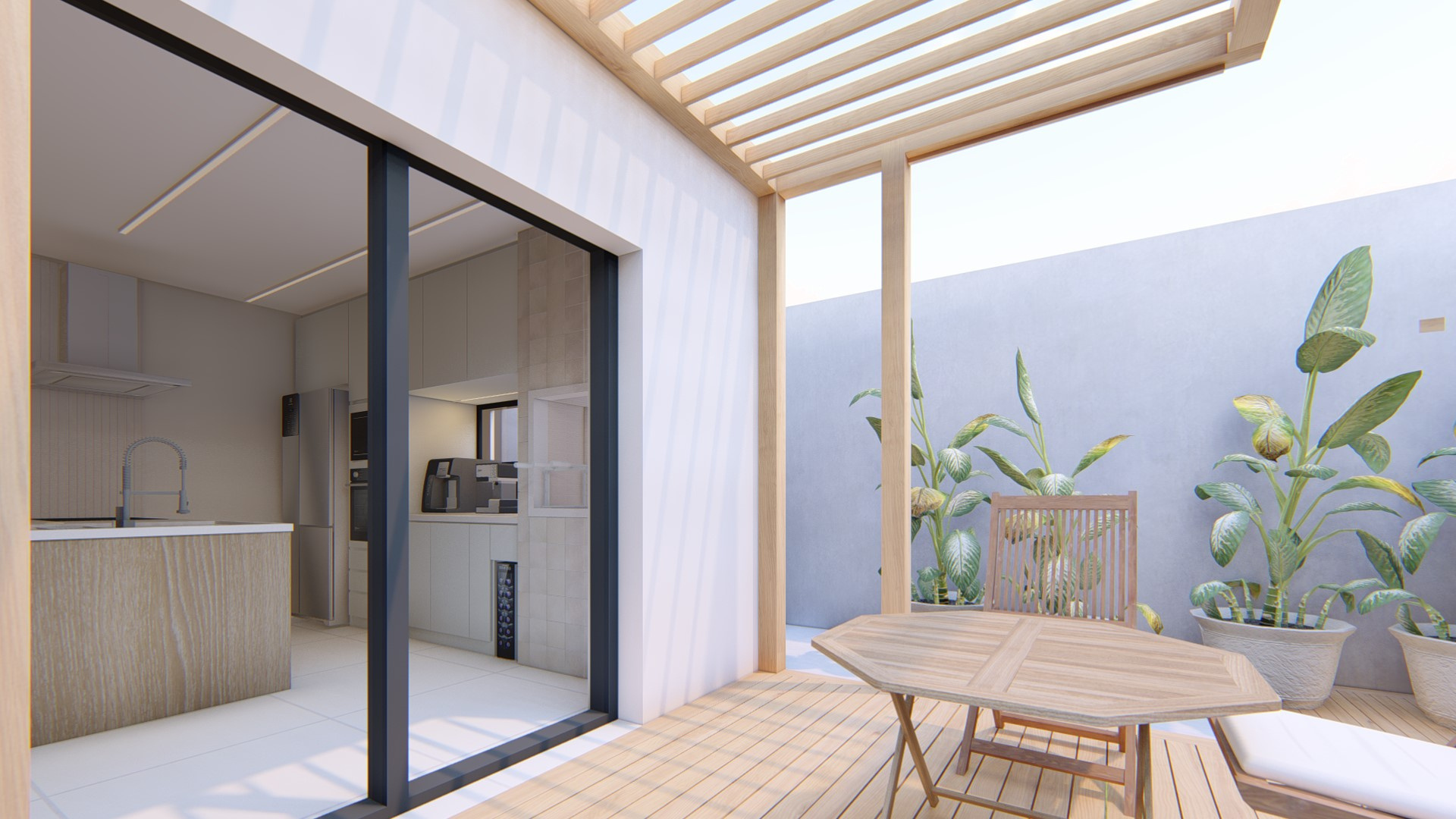 Área Externa Gourmet — Pergolado em madeira e deck conectando cozinha e convívio ao ar livre.